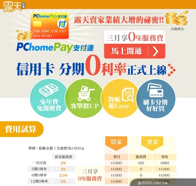 PChomePay支付連於露天「信用卡分期0利率」賣家享0%金流服務費