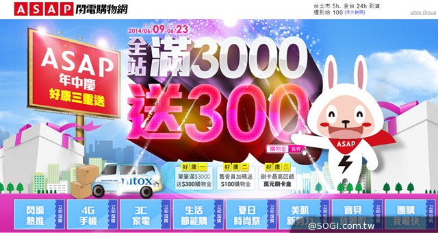 ASAP閃電購物網年中慶 全站下殺2折起，滿3千送3百購物金