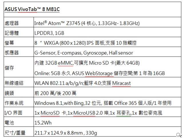 華碩全新Win8.1平板VivoTab 8 M81C 工作娛樂 隨觸可得