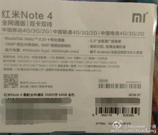 5.5寸红米Note4规格曝光 或为联发科X20十核处理器 5.5寸红米Note4规格曝光 或为联发科X20十核处理器